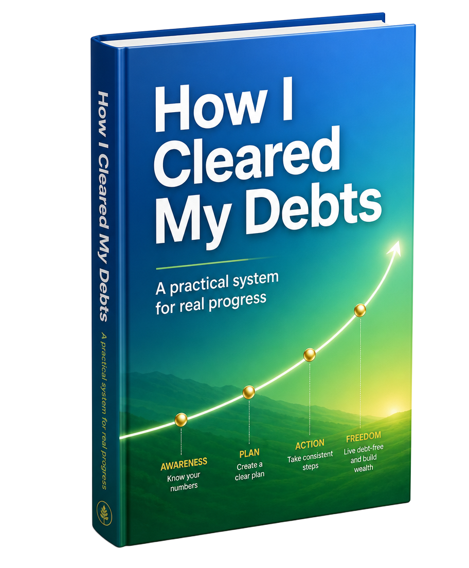 Three-dimensional mockup of the How I Cleared My Debts eBook cover, showing an upward progress arc on a bright blue and green cover.